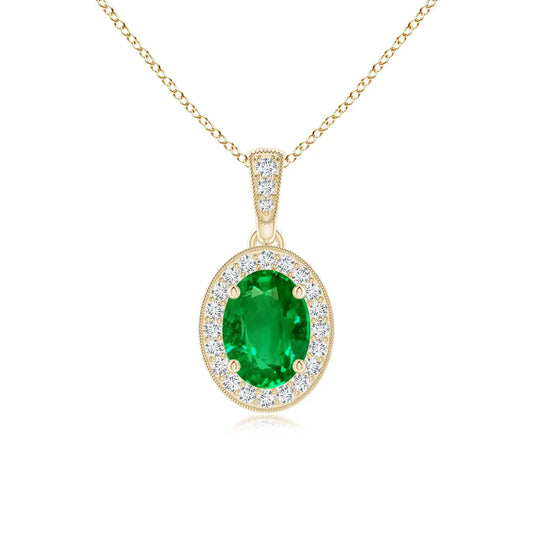 New Arrival 14K Solid Gold Natural Oval Emerald Vintage Style Pendant With Diamond Halo May Birthstone Anniversary Gift