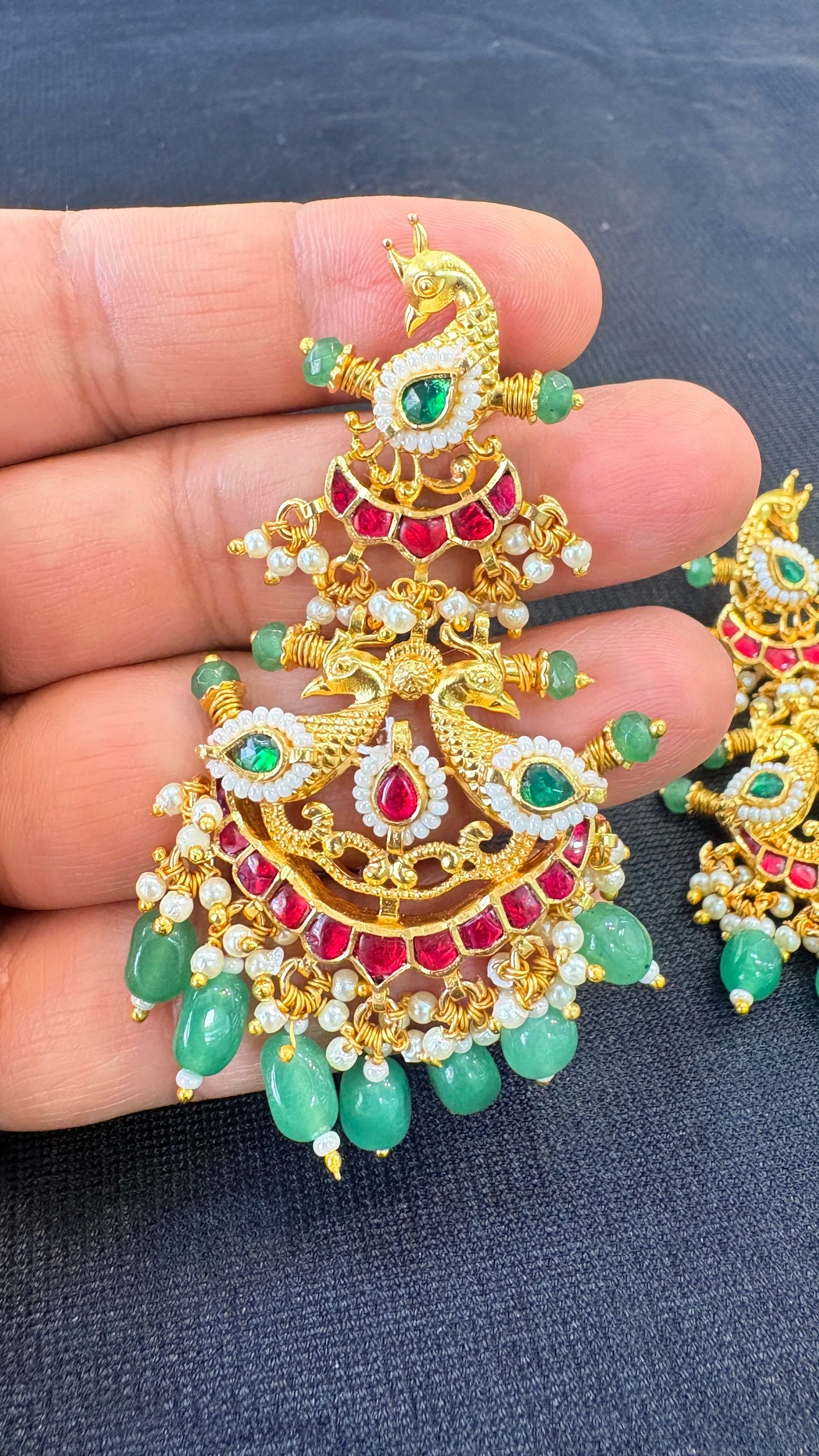 Gold Plated Ethnic Choker Necklace Set with Ruby and Green Stones Strand Tassel for Women Wedding Jewelry