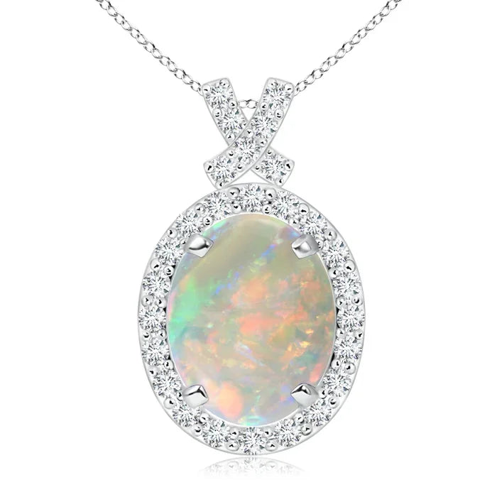 Top Quality Most 14K Solid Gold IGI Certified Natural 0.4 Ctw Opal & 0.2 Ctw Diamond Bowknot Style Pendant Link Chain Necklace