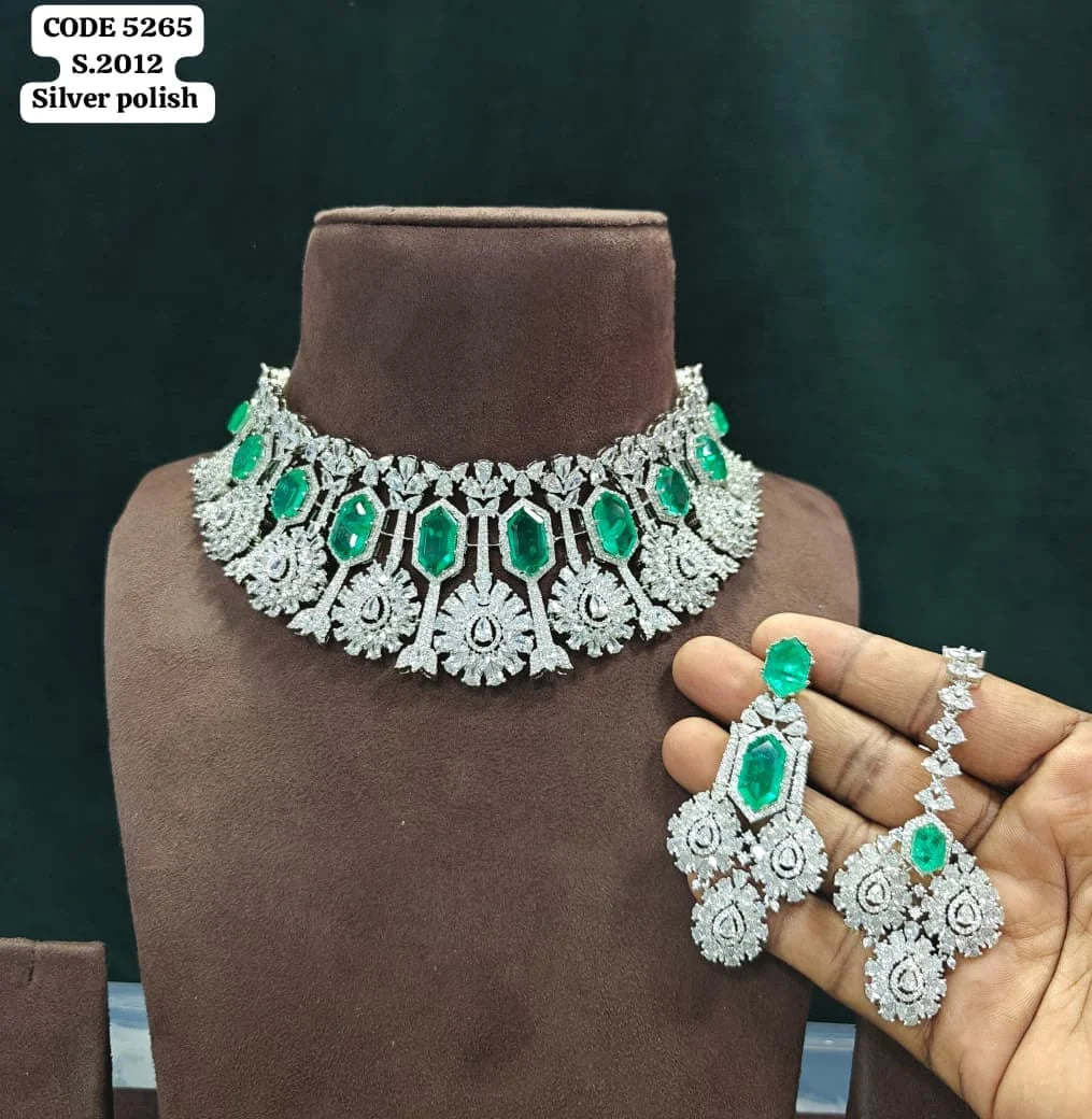 Luxury Silver Polish Ruby Emerald American Choker Necklace Set with Earrings & Maang Tikka Bridal Wedding Jewelry Set for Women