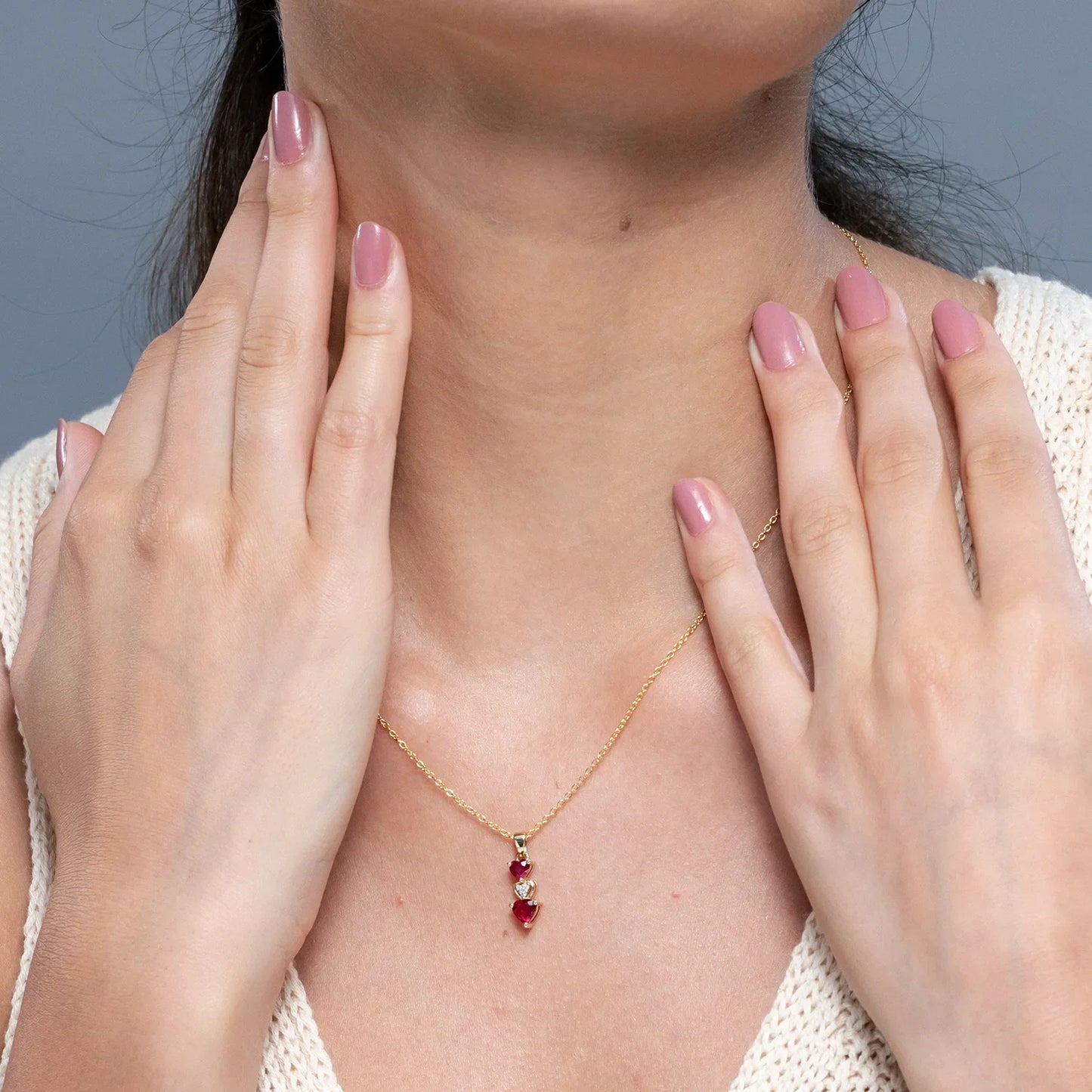 14K Pure Gold Natural Red Ruby Dangling Triple Heart Shape Pendant With Diamond Romantic Fine Jewelry Anniversary Gift For Her