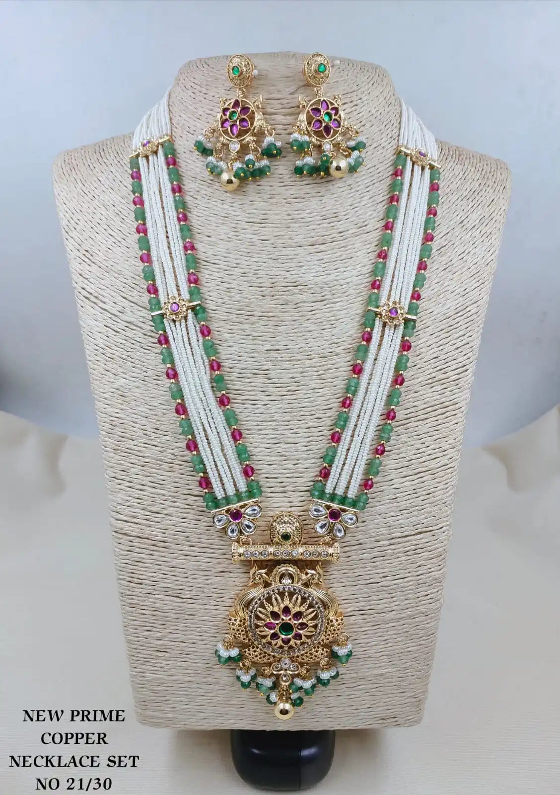 Luxury Antique Gold Green Pearl Beaded Long Pendant Necklace Set with Matching Earrings Traditional Copper Bridal Jewelry Set