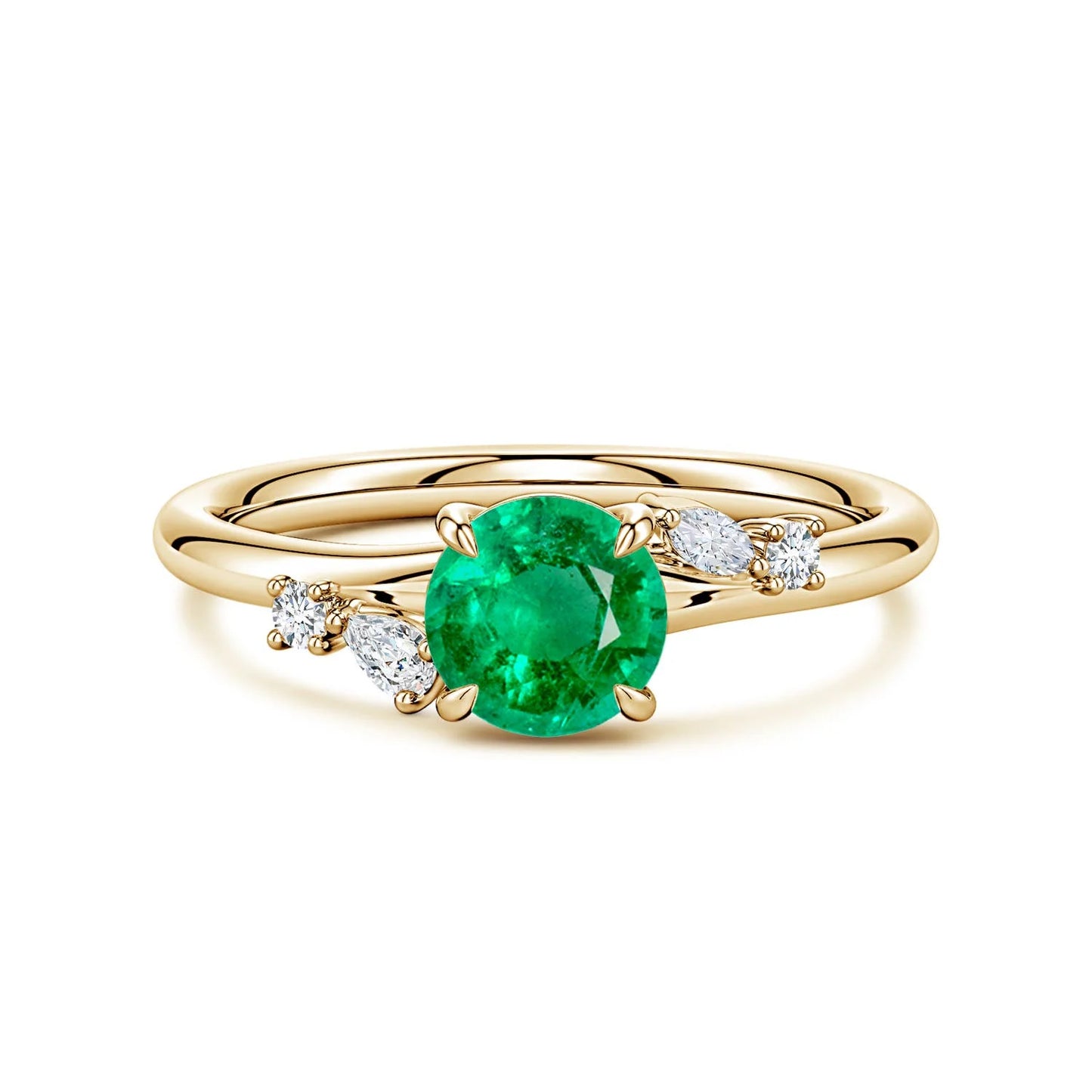 14K Gold Round Cut 1Ctw Green Emerald Gemstone Engagement Ring with Multi-Shape Natural Diamond Accents Customized Handmade Ring