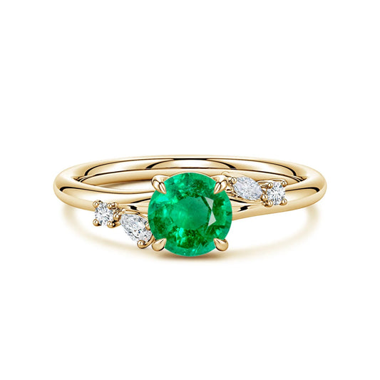 14K Gold Round Cut 1Ctw Green Emerald Gemstone Engagement Ring with Multi-Shape Natural Diamond Accents Customized Handmade Ring