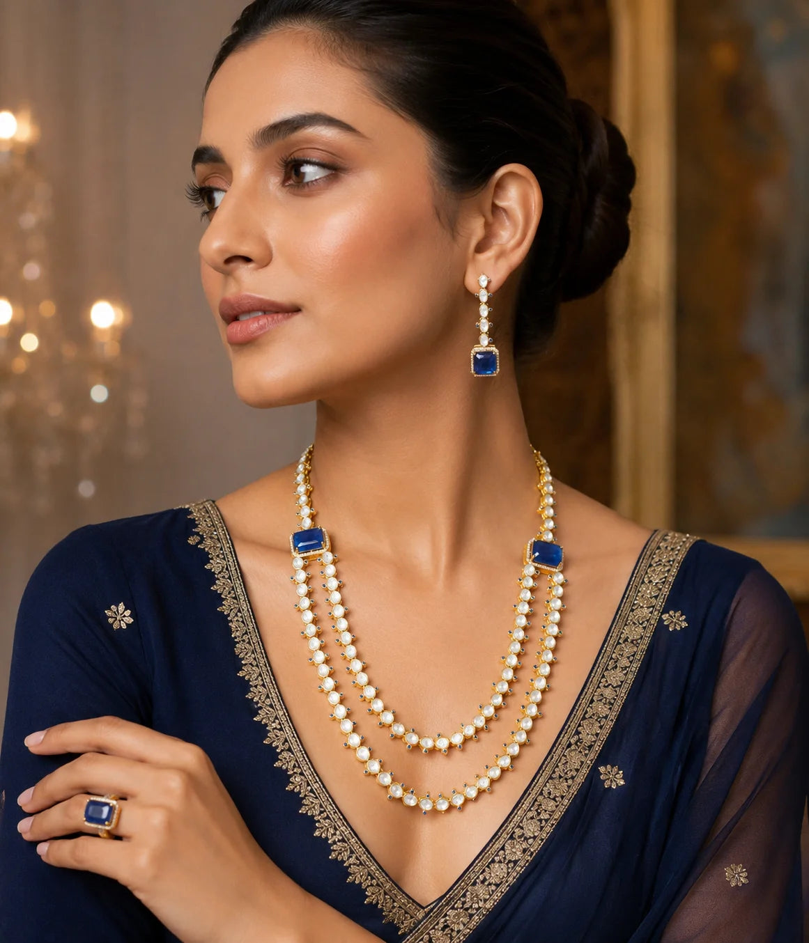 Luxury Blue Stone Pearl Necklace Set for Women Gold Plated Bridal Wedding Party Wear Indian Ethnic Jewellery Collection Set
