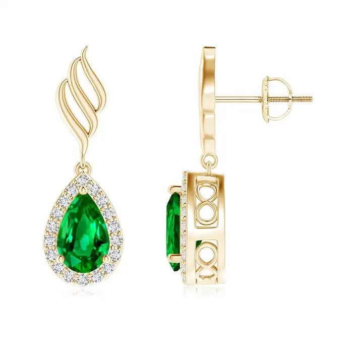 Emerald Halo Diamond Drop Earrings Pear Shape Emerald Dangle Earrings in May Birthstone 14K Rose Gold Leaf Design Jewelry
