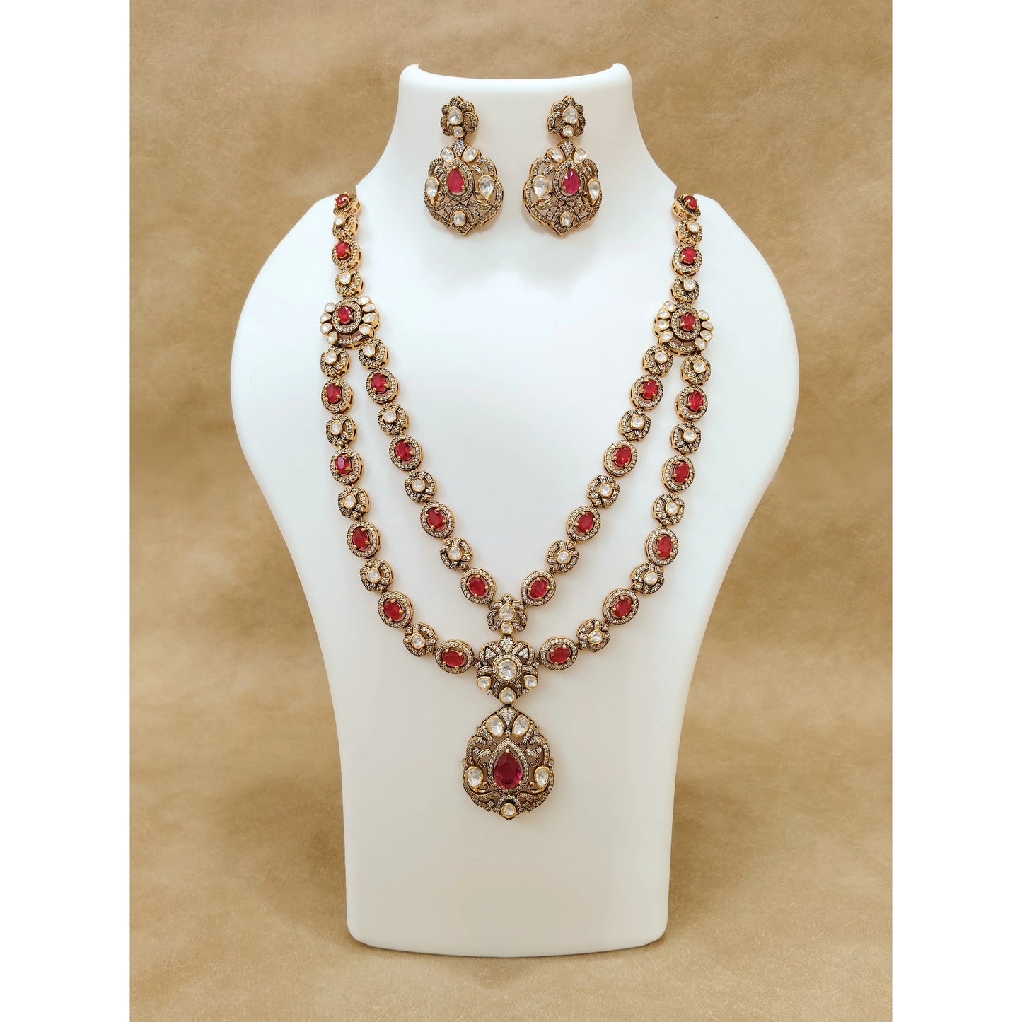 925 Silver Victorian Double Layer Ruby Polki Set Luxury Handmade Indian Bridal Antique Gold Plated Ethnic Necklace and Earrings
