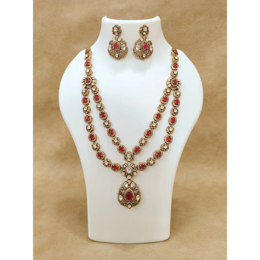 Lakshmi 925 Silver Victorian Double Layer Ruby Polki Set Luxury Handmade Indian Bridal Antique Gold Plated Ethnic Necklace and Earrings