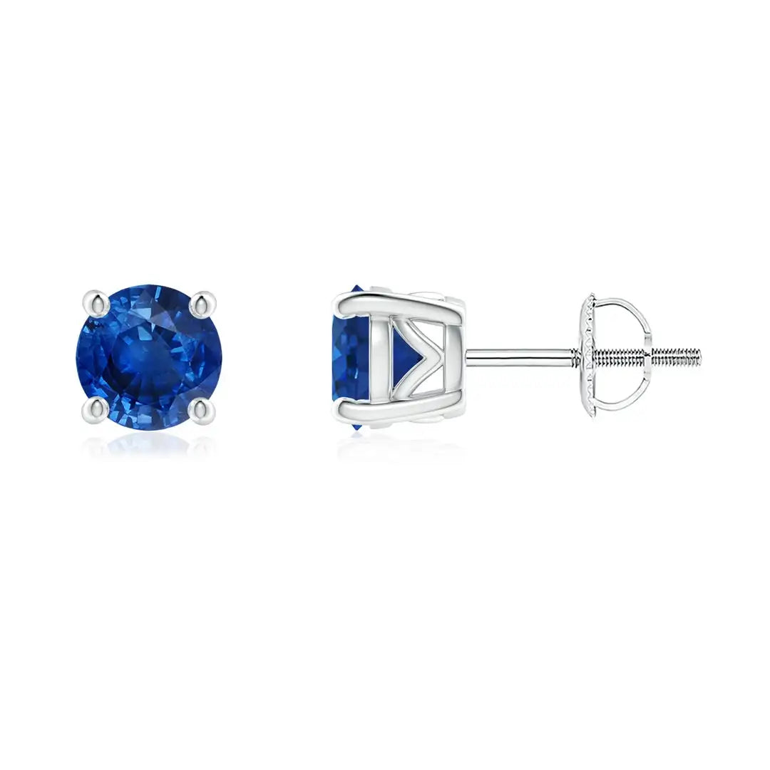 Natural Blue Sapphire Stud Earrings, 14kt White Gold Screw Back Royal Blue Gemstone Solitaire September Birthstone Earrings
