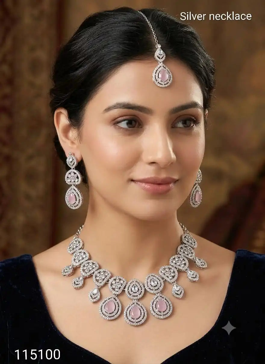 Luxury Blue Cubic Zirconia Bridal Jewelry Set Silver Plated Necklace Earrings Maang Tikka Wedding Wear Women Luxury set forgirl