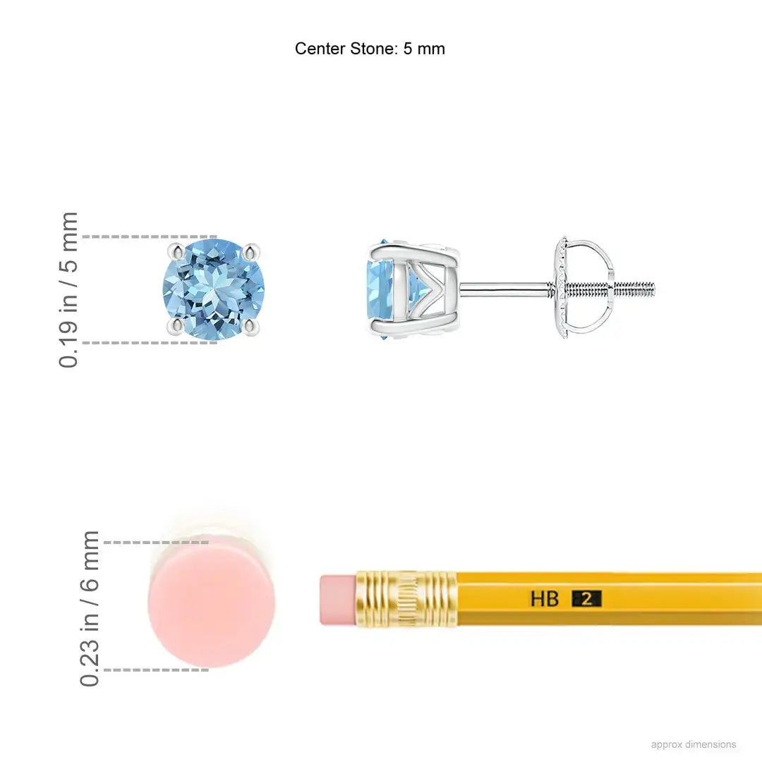 Solitaire Aquamarine Stud Earrings 14kt White Gold Dainty Blue Gemstone Screw Back 4 Prong Basket Fine Earrings Jewelry