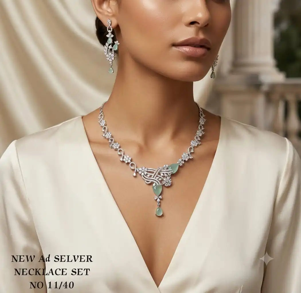 Designer Silver AD Mint Green Stone Necklace Set & Cubic Zirconia Diamond Party Wear Wedding Bridal Jewelry for Women Wholesale