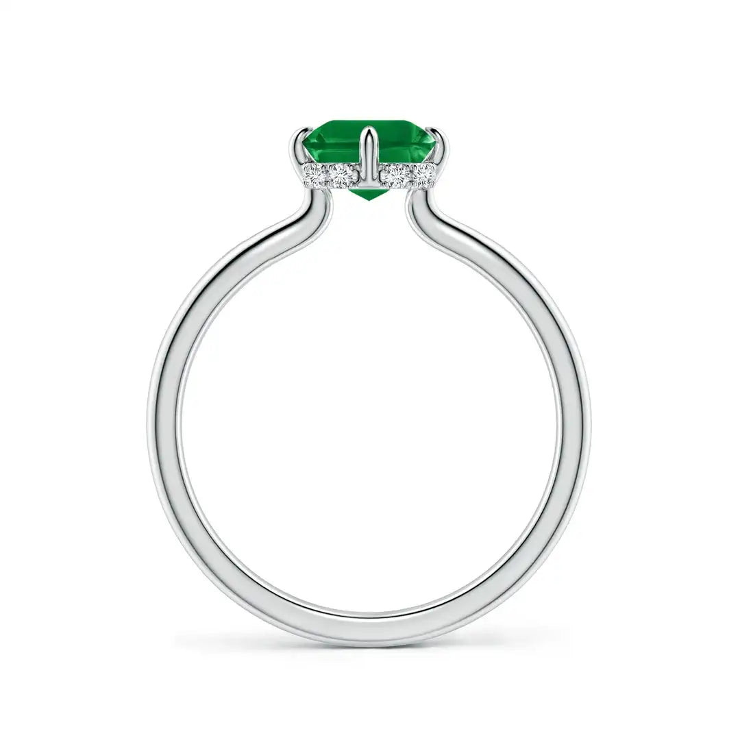 14K Solid Gold Solitaire Emerald-Cut Emerald Engagement Ring with Hidden Halo Handmade Customized Fine Jewelry Wedding