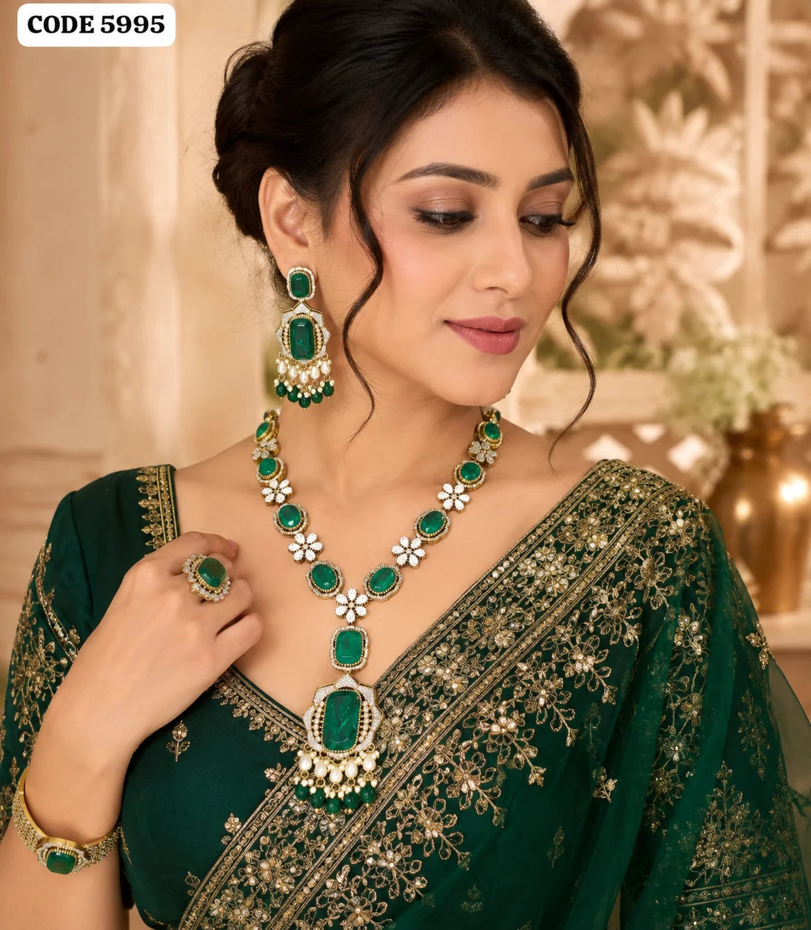 Luxury Green Emerald Stone Floral CZ Gold Plated Necklace Set with Long Pendant Earrings Pearl Drops Bridal Wedding Jewelry Set
