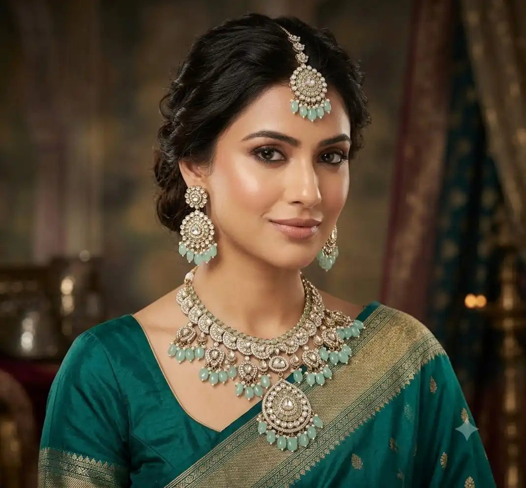 Wholesale Prime Polki Kundan Choker Necklace Set with Earrings and Maang Tikka Bridal Wedding Party Wear Gold Plated Jewelry
