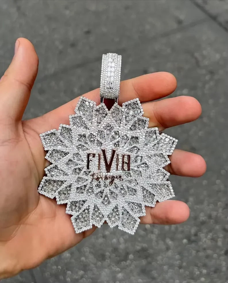 BiG-BOSS Luxury Silver Plated Hip Hop Iced Out Snowflake Pendant Cushion Cut Moissanite Stones Freshwater Pearl Men Women Party Occasion