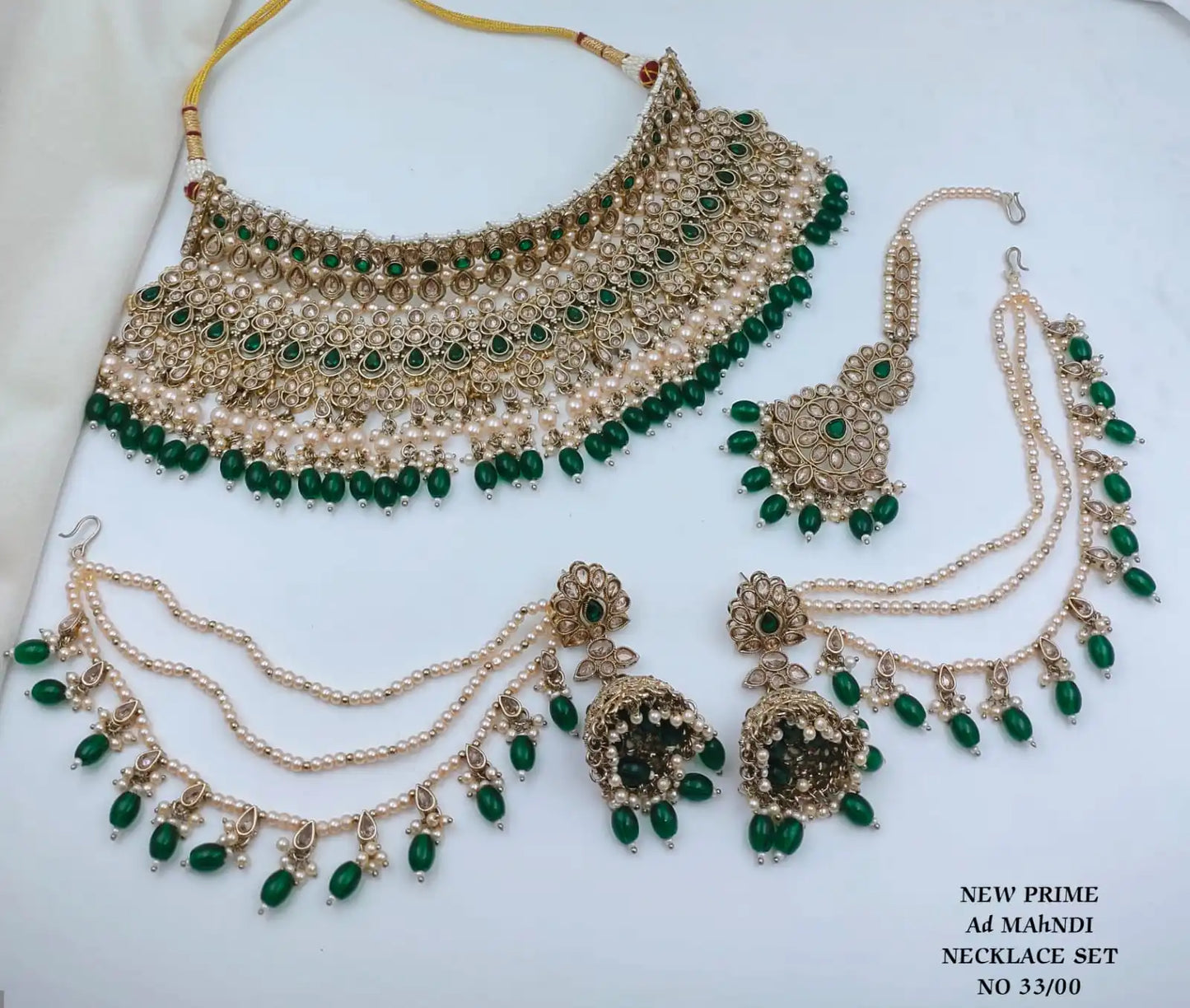 Royal Emerald Pearl AD Bridal Choker Necklace Set for Women Gold Plated Wedding Party Traditional Jewelry with Earrings Set