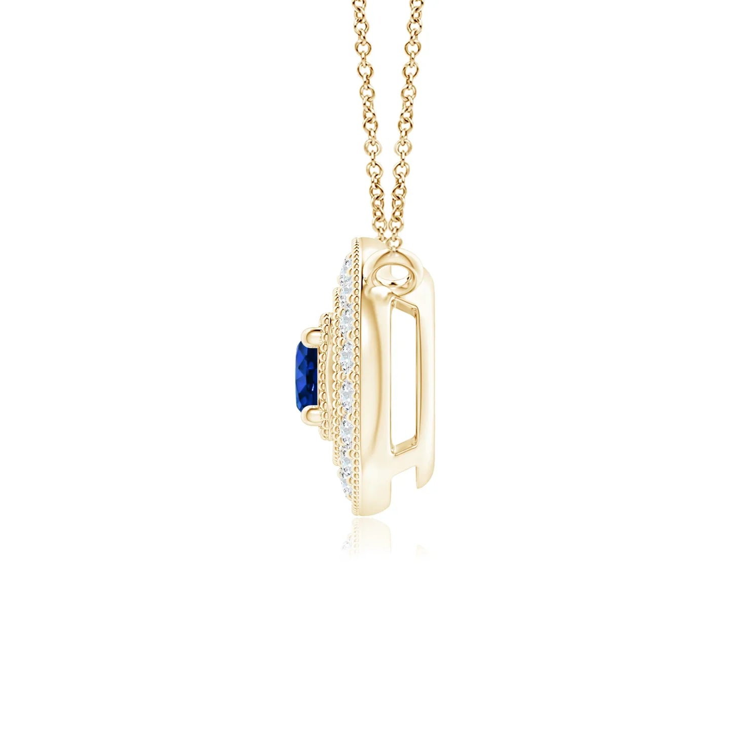 18K Solid Vintage Style Natural 2.5MM Round Cut 0.06 Ctw Blue Sapphire Halo Pendant with 0.06Ct Real Diamond Milgrain Detailing