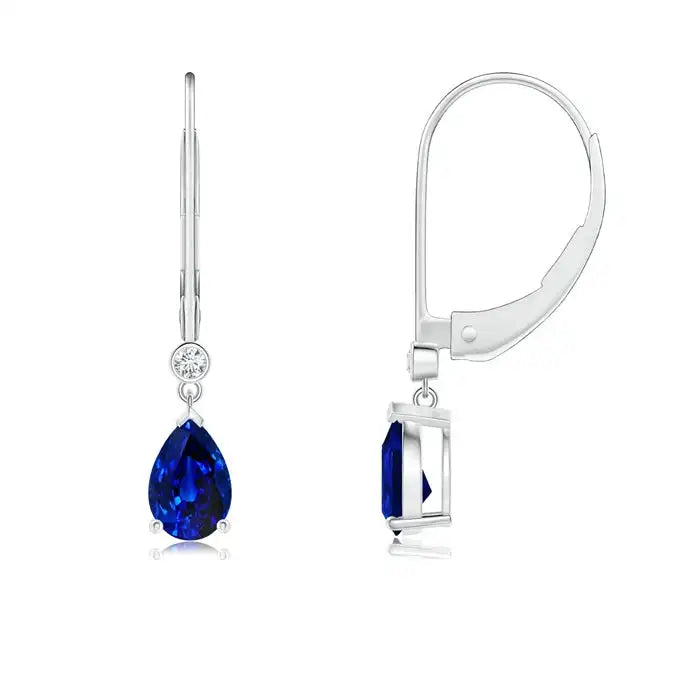 Pear Cut Blue Sapphire Real Diamond Dangle Earrings in 14kt White Gold Bridal Fine Jewelry Drop Earrings Gift for Her