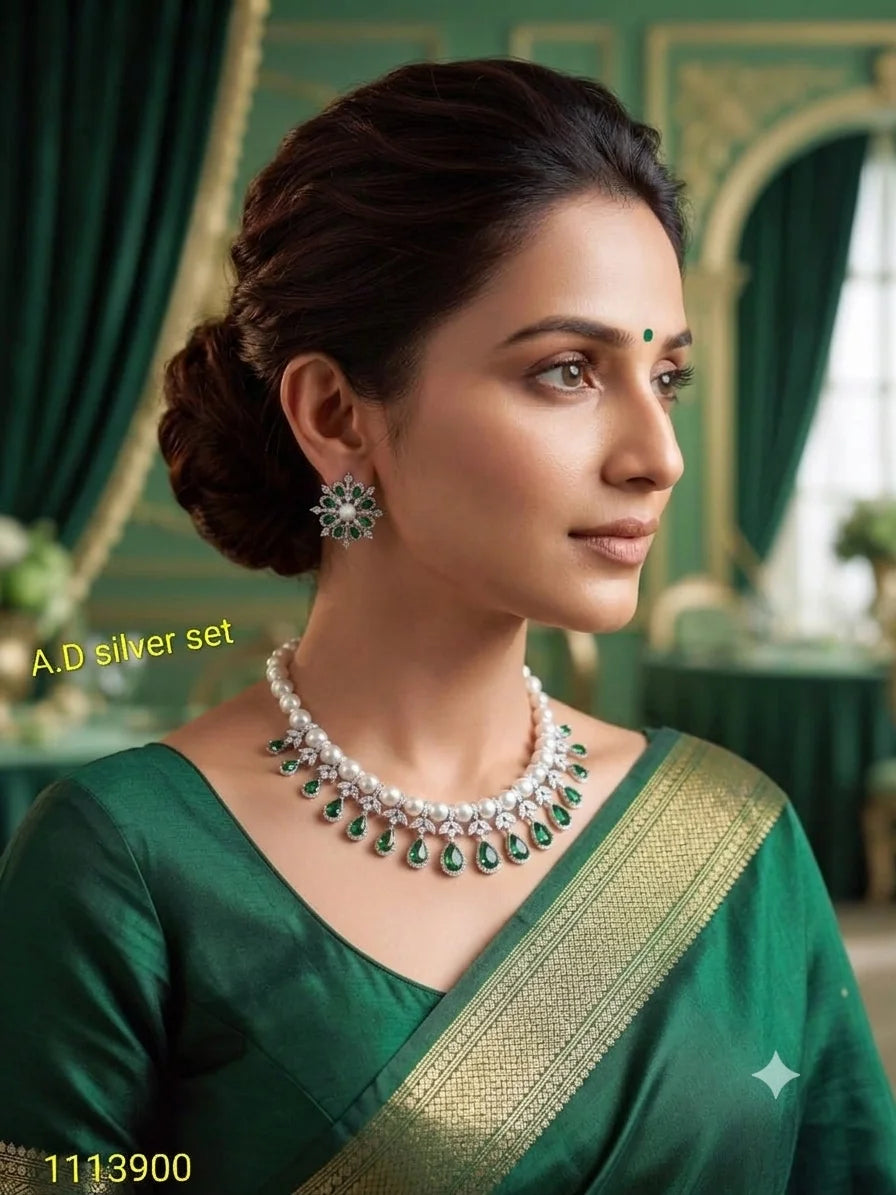 Luxury Silver Plated American Diamond Pearl Emerald Green Stone Necklace Set for Women Wedding Party Wear Jewelry Gift
