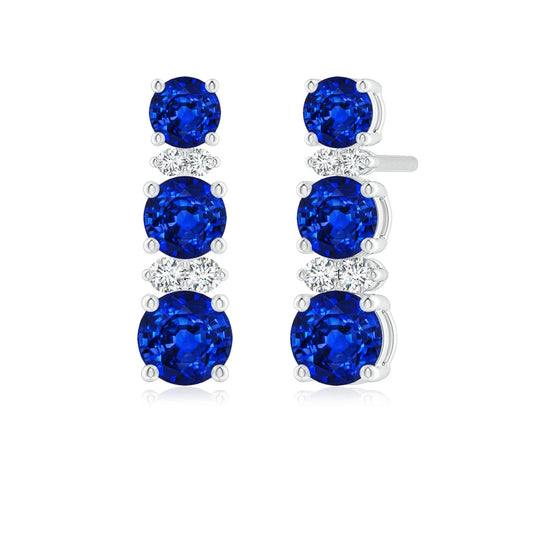 14Kt Solid Gold Natural Blue Sapphire Diamond Three Stone Stud Earrings Round Sapphire Fine Jewelry for Women Gift for Fiance