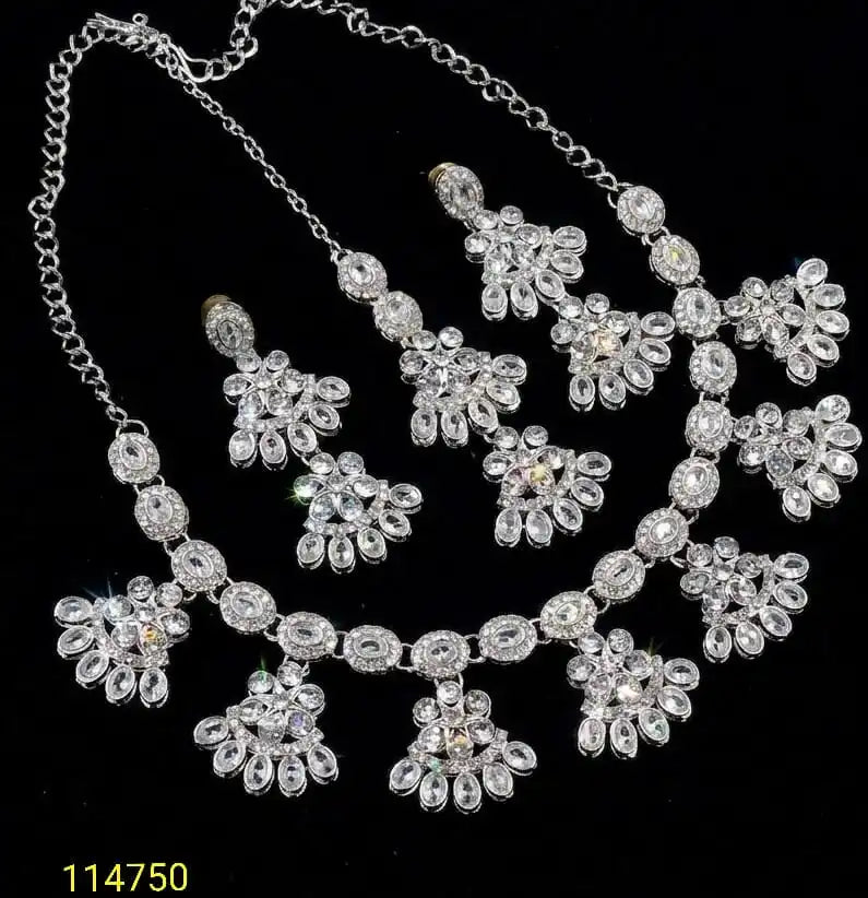 Luxury Silver Plated Pastel CZ Floral Necklace Set with Earrings & Women Bridal Wedding Party Wear Fashion Jewelry Set For Women