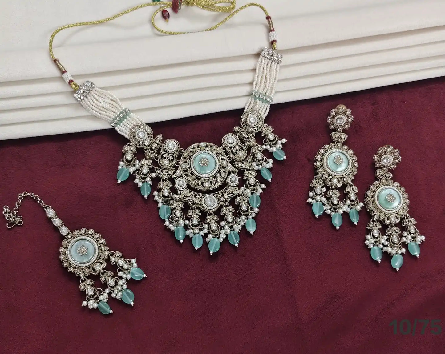 Luxury Oxidised Pearl Beaded Necklace Set with Aqua Blue Stones Designer Bridal Party Wear Jewelry Set with Earrings  for women