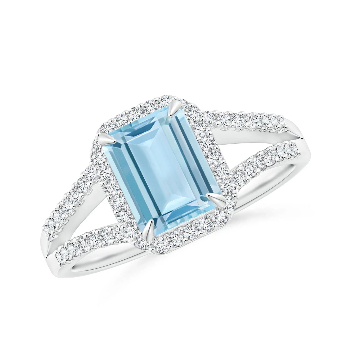 14K Gold Emerald-Cut Natural Aquamarine With Pave Accent Diamond Split Shank Halo Ring Custom Handmade Jewelry Engagement Ring