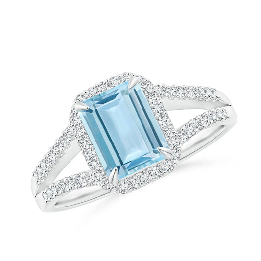 14K Gold Emerald-Cut Natural Aquamarine With Pave Accent Diamond Split Shank Halo Ring Custom Handmade Jewelry Engagement Ring