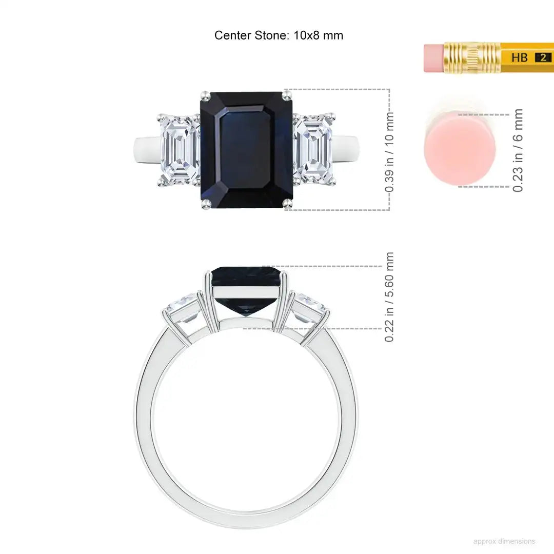 14k Solid Gold 9*7MM Emerald Cut Natural Blue Sapphire & Diamond Triple Stone Ring Elegant Fine Jewelry Trilogy Engagement Ring