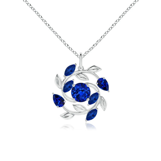 14k 5.15g Gold Natural Round & Marquise Cut 1.67 Ct Blue Sapphire Olive Branch Pendant Multi-stone Fine Jewelry Pendant Necklace