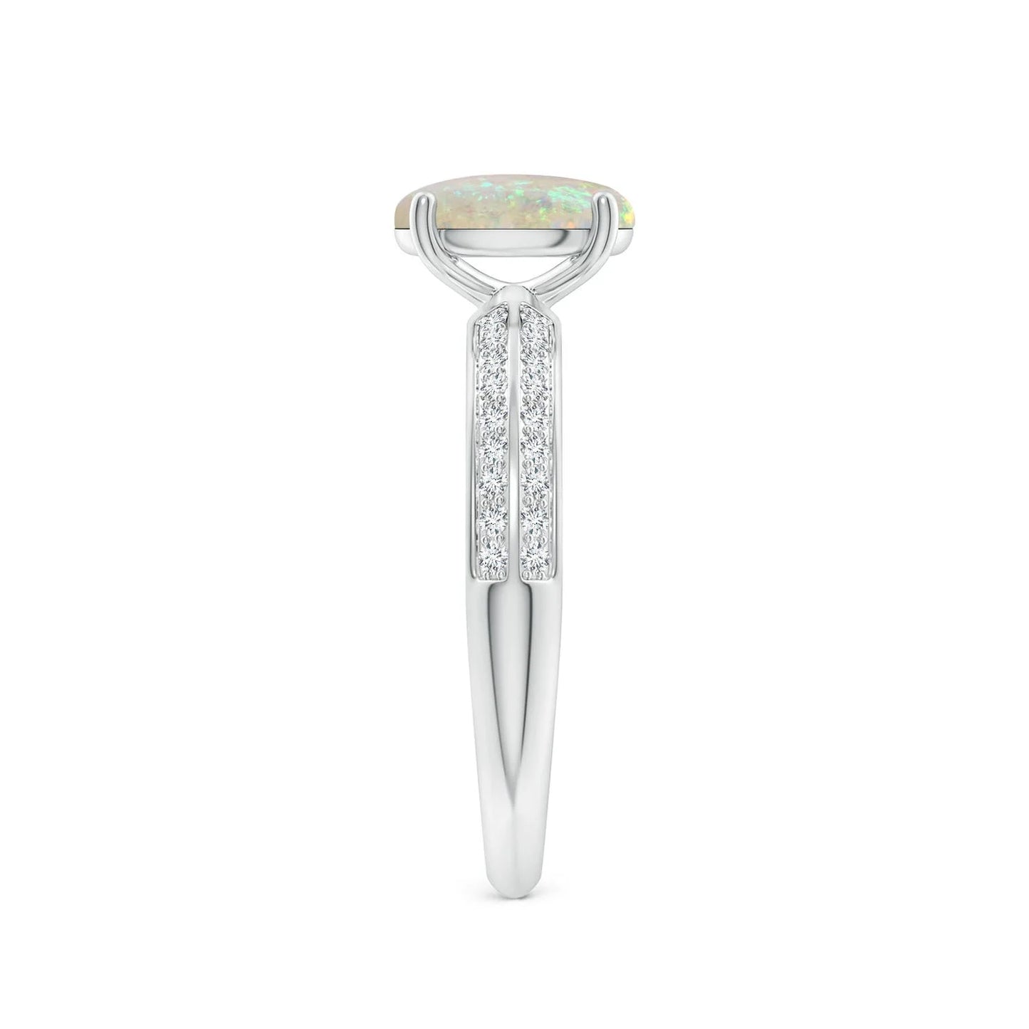 14K Pure Gold Classic Oval Cut Natural Ethiopian Opal Knife Edge Ring Pave Setting Round Cut Accent Diamond Dual Side Band Ring