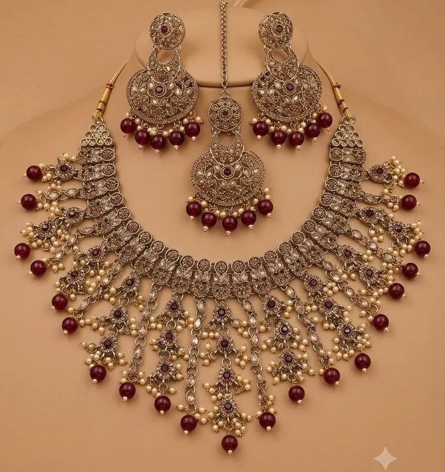 Luxury Antique Gold Plated Kundan Choker Necklace Set with Green Beads Pearl Tassels Earrings Maang Tikka Bridal JewelryForWomen