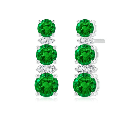 Natural Emerald Diamond Three Stone Stud Earrings Round Emerald Fine Jewelry 14Kt Solid Gold Gift for Women OEM ODM Jewelry