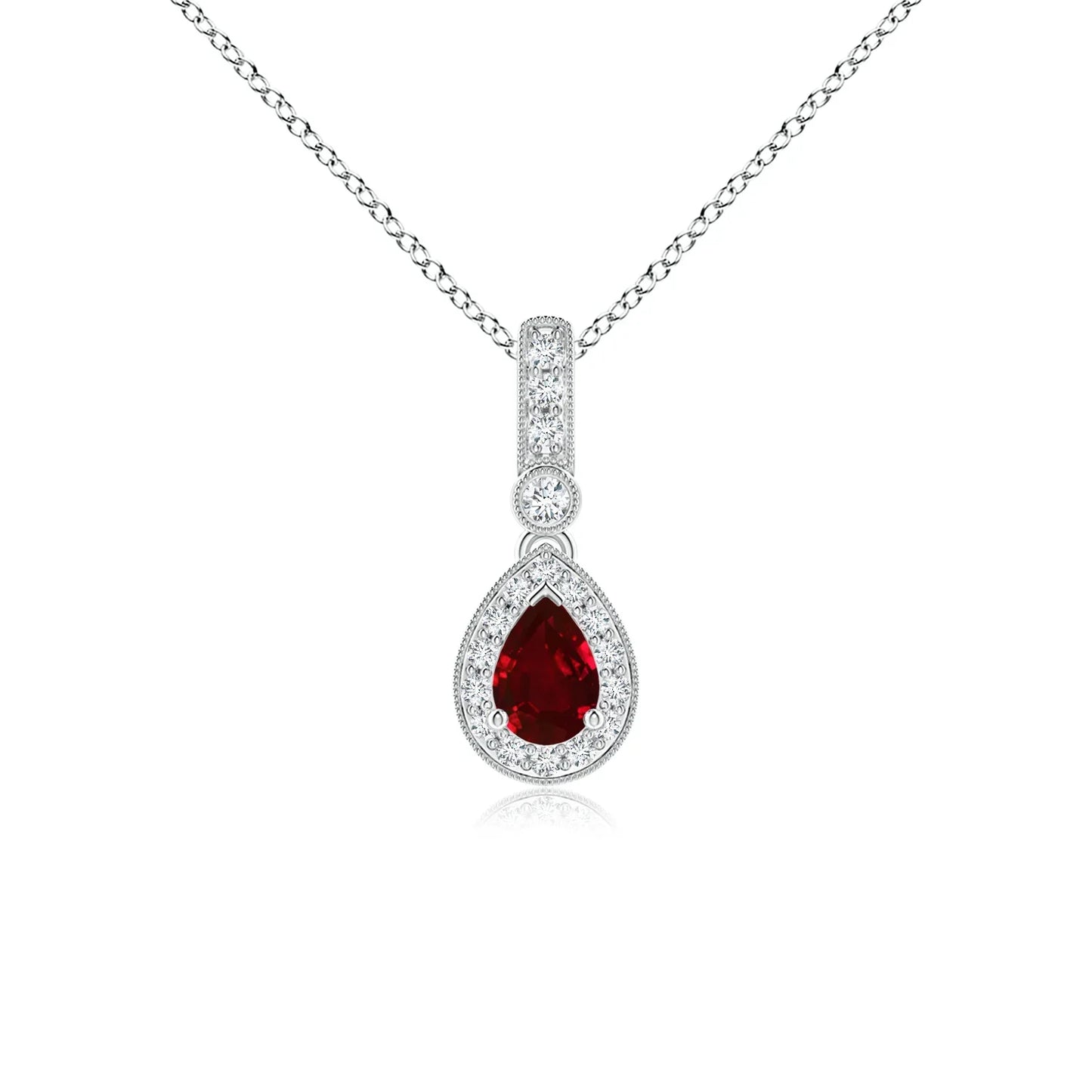 14K Solid Gold Pear-Shaped Red Ruby Precious Gemstone With Pave Sett Diamond Halo Pendant Custom Handmade Fine Jewelry Necklace