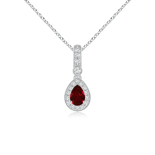 14K Solid Gold Pear-Shaped Red Ruby Precious Gemstone With Pave Sett Diamond Halo Pendant Custom Handmade Fine Jewelry Necklace