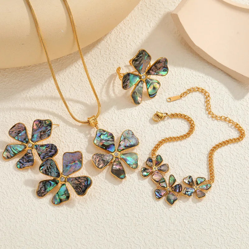 REDheart Stainless Steel Gold Plated Abalone Shell Flower Necklace Accessory Set for Women Versatile Bracelet Earrings Ring Jewelry Gifts