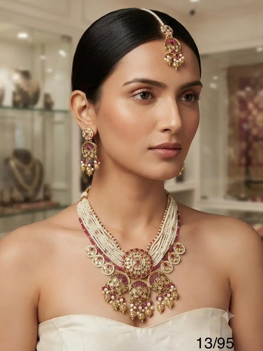 Luxury Indian Traditional Imitation Pearl Zircon Choker Necklace Earrings Women Bridal Wedding Jewellery Gold Plated Ethnic