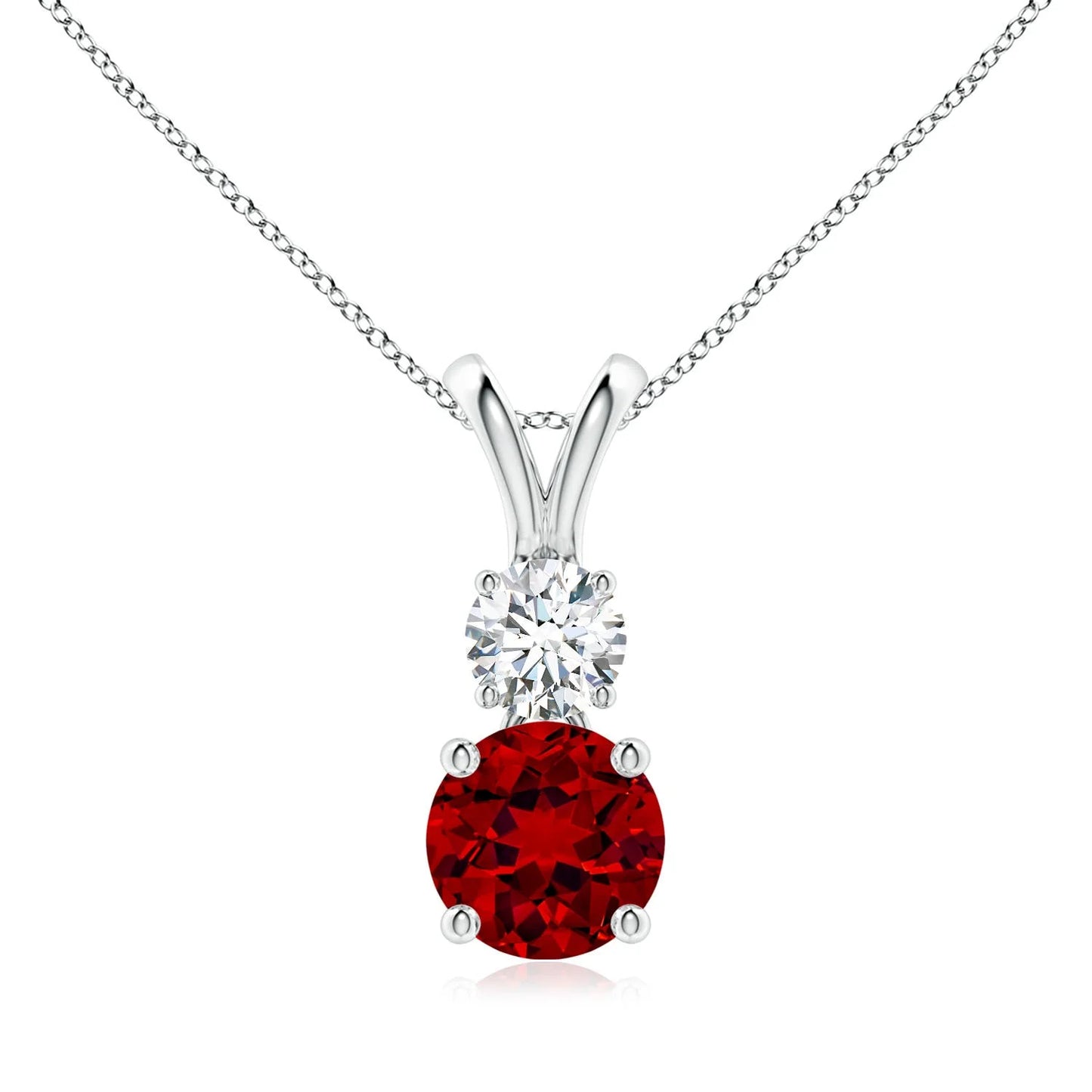 14K Solid Gold Prong-Set Round Cut Natural Red Ruby and Diamond Two Stone Pendant IGI Certified Handmade Link Chain Necklace OEM