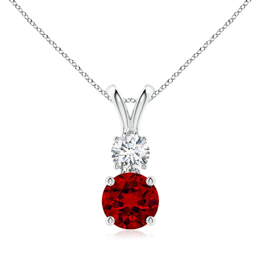 14K Solid Gold Prong-Set Round Cut Natural Red Ruby and Diamond Two Stone Pendant IGI Certified Handmade Link Chain Necklace OEM
