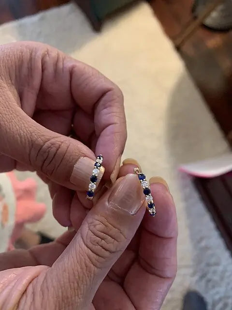 Blue Sapphire And Diamond Channel Setting Classic 14K Solid Gold Hoop Earrings Women's Jewelry