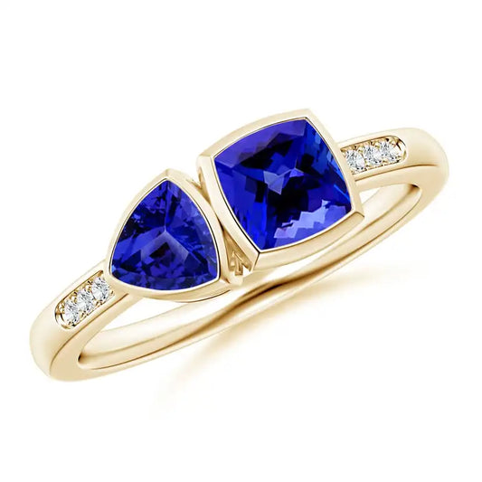Cushion & Trillion Tanzanite Sagittarius Two Stone Ring Handmade Customized Fine Jewelry Wedding 14K Solid Gold