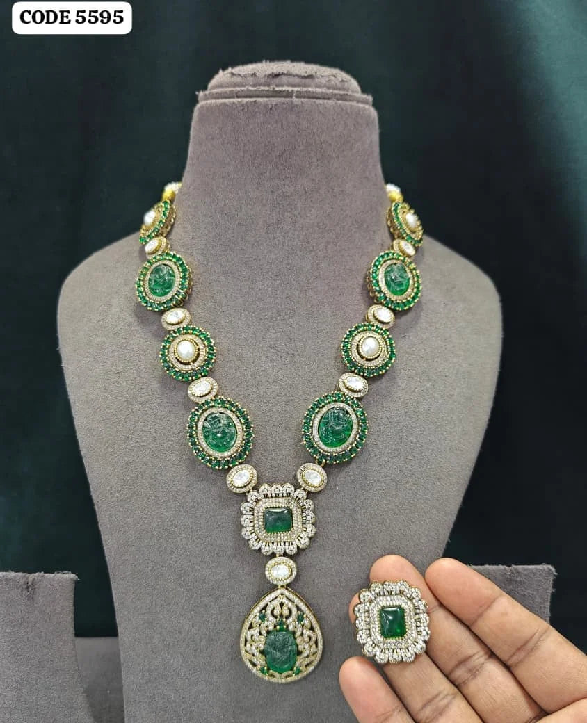 American diamond Green Stone Polki Necklace Set Gold Plated Bridal Wedding And Party Wear Ethnic Jewelry Set for Women Wholesale