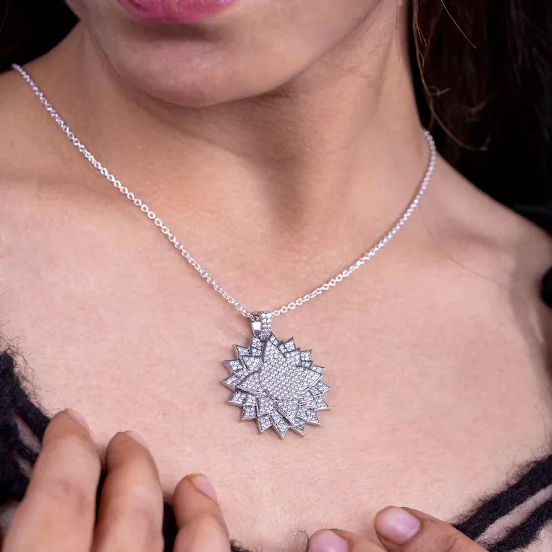BiG-BOSS Iced Out Flower Pendant Moissanite Bezel Setting Silver Tone Layered Petal Design Luxury Hip Hop Jewelry for Men Women Party