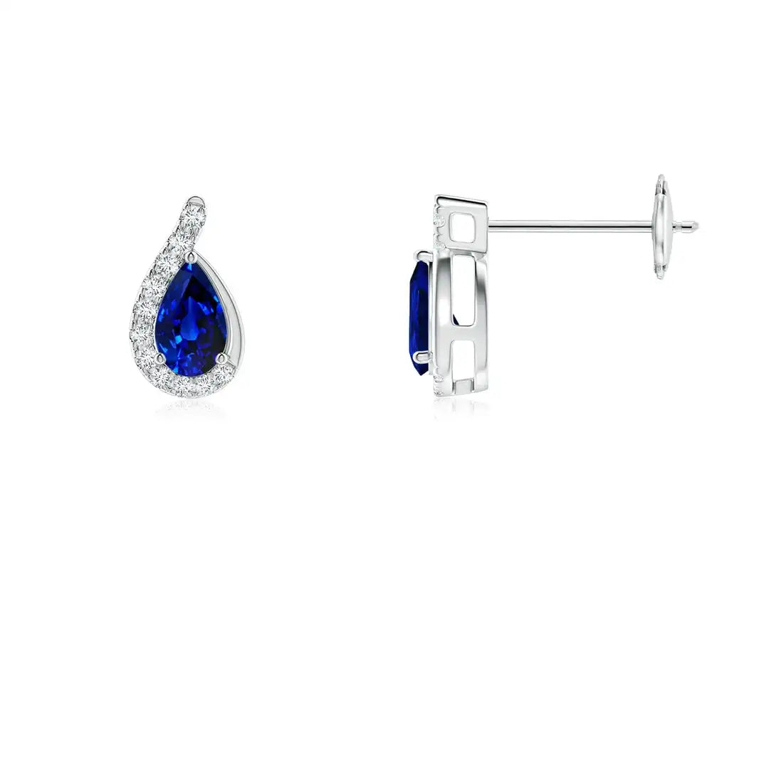 Blue Sapphire and Diamond Earring 14k Solid Gold Pear Cut Studs Earrings Fine Jewelry Gift for Women Anniversary Earrings