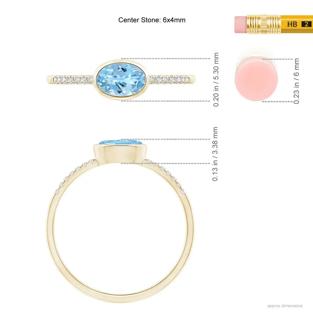 14K Gold East-West Bezel-Set 6*4MM Oval Cut Aquamarine And Pave Diamond Ring 0.50Ctw Gemstone & 0.05Ct Diamond Solitaire Ring
