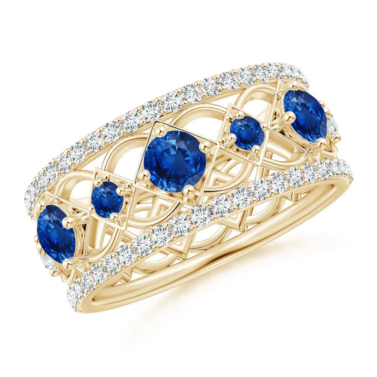 14K Solid Gold Art Deco Inspired Graduated Natural Blue Sapphire Gemstone and Diamond Ring Luxury Fine Jewelry Wedding Band Ring