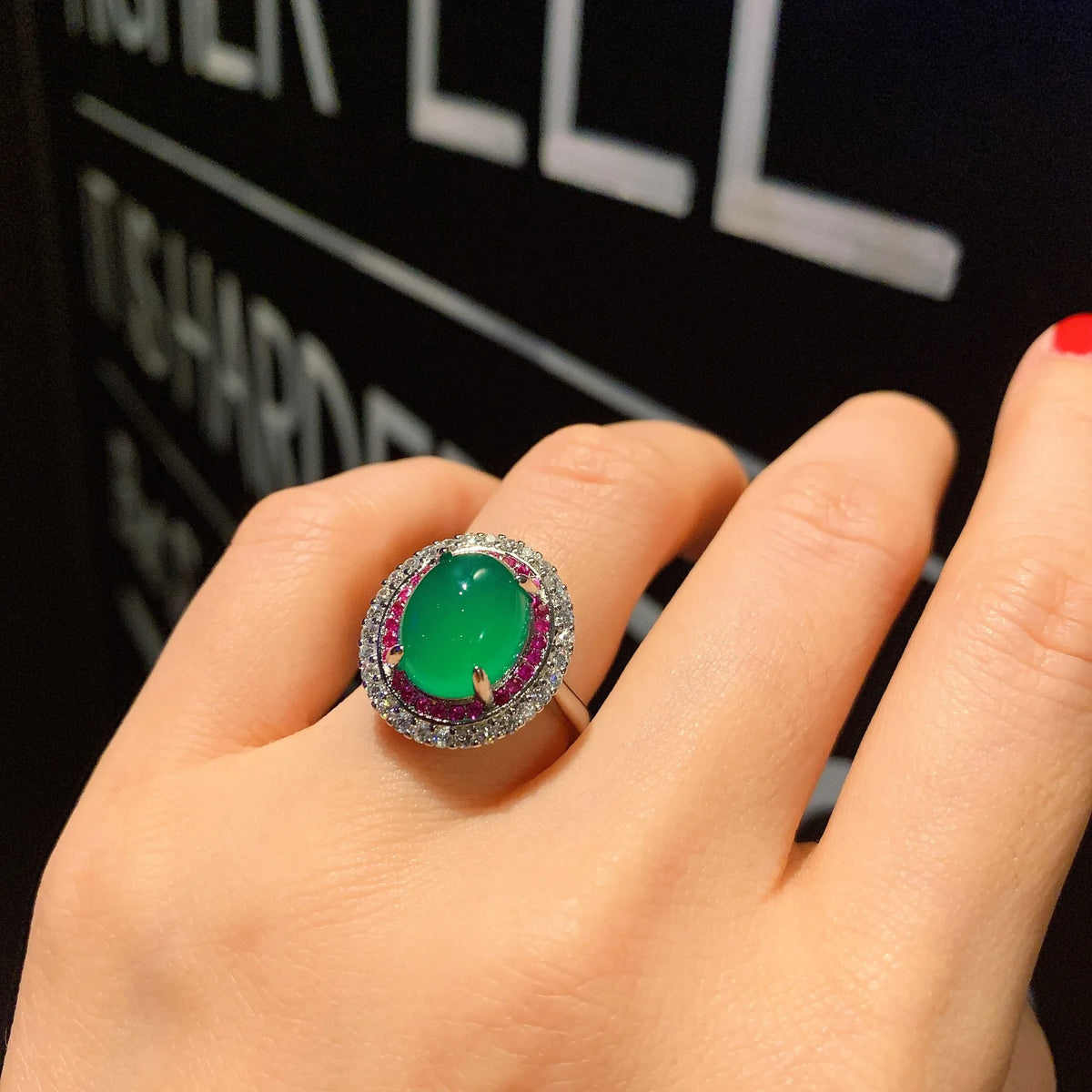 Gemfiori Luxury Oval Cabochon Green Chalcedony Double Halo Ruby White CZ Pendant Necklace Ring Earring Simulated Emerald Jewelry Set Gift