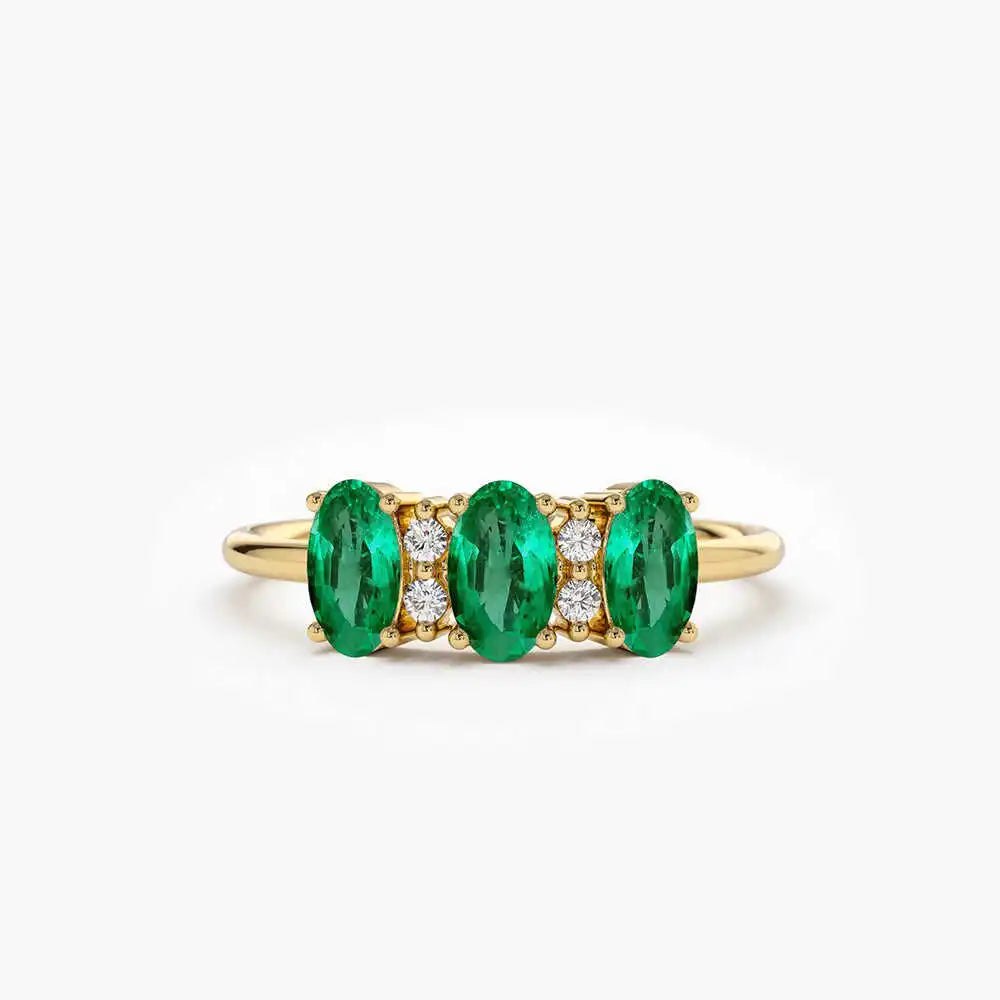 Oval Cut Triple Natural Emerald Stone & Round Cut Diamond Ring 14k Pure Gold Beautiful Engagement Wedding Rings Fine Jewelry RTS