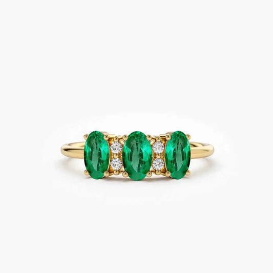 Oval Cut Triple Natural Emerald Stone & Round Cut Diamond Ring 14k Pure Gold Beautiful Engagement Wedding Rings Fine Jewelry RTS